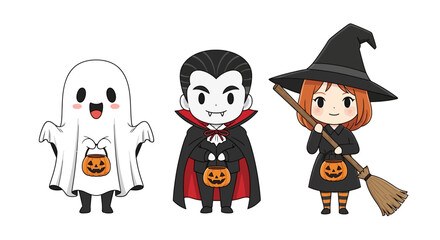A delightful collection of cute Halloween children in costumes, including a ghost, a vampire, and a witch ready for trick or treating adventures