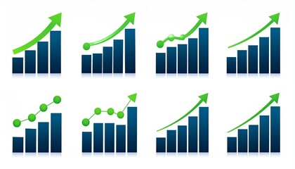 Fototapeta premium Set of Eight Bar and Line Graph Icons Depicting Diverse Data Trends in Blue and Green