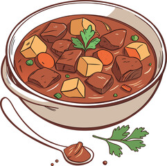 Bowl of hearty beef stew with potatoes, carrots, and parsley garnish