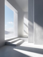 Obraz premium Interior Architectural Serenity: A modern minimalist interior bathed in natural light, showcasing clean lines, a geometric staircase, and a serene atmosphere, offering a sense of calm and clarity.