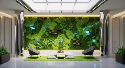 Futuristic office lobby featuring a stunning biophilic vertical garden, creating a serene and sustainable green concept interior design for a contemporary commercial space