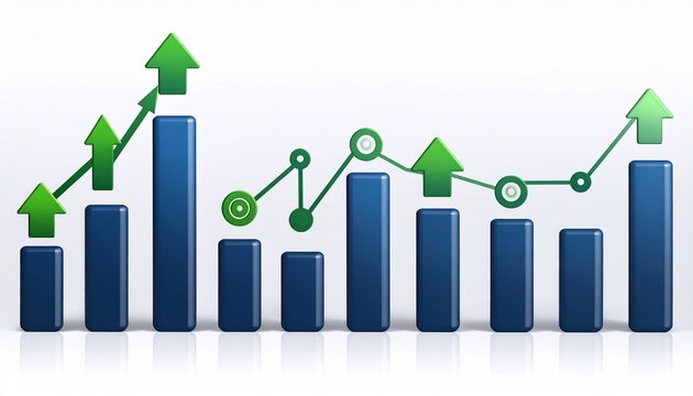 Blue Bar Graph with Green Line and Arrows Indicating Growth and Fluctuating Data Trends