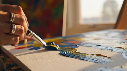 Hand painting on canvas with paintbrush applying blue and yellow paint creative process art studio - Powered by Adobe