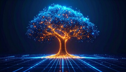Digital Tree of Glowing Blue and Orange Lights on Grid Surface Against Dark Background