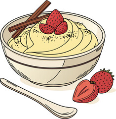 Bowl of delicious pudding with strawberries and cinnamon