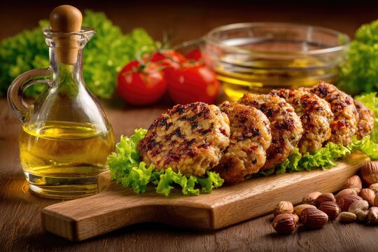 Four grilled patties on a wooden board with salad, olive oil, tomatoes, and nuts