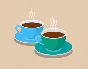 Two colorful coffee cups emitting steam on beige background