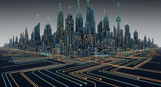 Futuristic urban landscape showcasing interconnected digital infrastructure for a smart city future