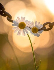 Two daisies touched by a chain; captured at golden hour