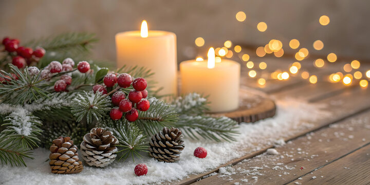 Cozy Christmas Candle Arrangement with Winter Decor on Warm Holiday Background - Powered by Adobe