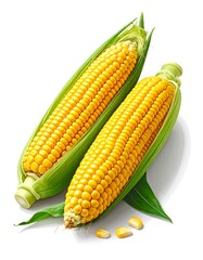 Two fresh ears of corn, husks partially open, with kernels