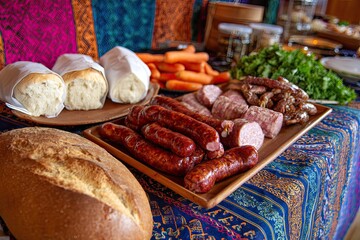 Rustic table spread with an assortment of sausages, fresh bread, carrots, and greens