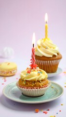 Two frosted cupcakes with lit candles and a macaron