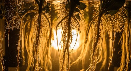Illuminated plant roots thriving in a controlled hydroponic environment, showcasing sustainable growth and innovative agricultural techniques