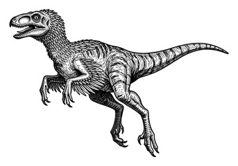 Naklejka premium Detailed engraving of a velociraptor dinosaur in black and white with vintage style