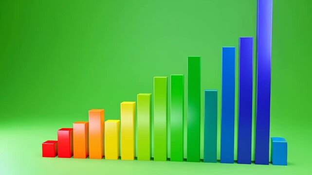Three bar graphs on a green background grow sequentially in size and change color for data visualization