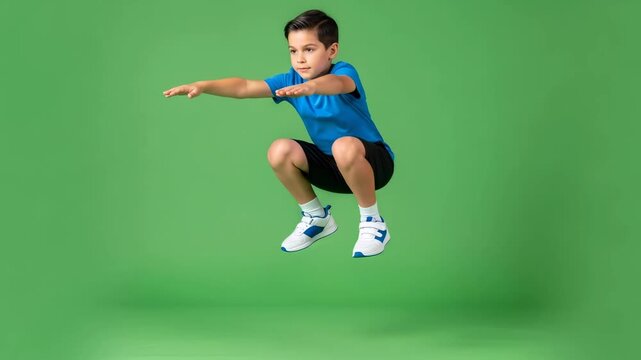 Boy doing squat exercise on green background, then jumping for energetic fitness, perfect for health and wellness related content