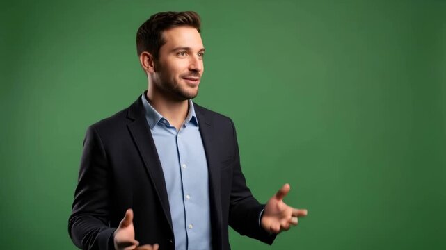 A sophisticated man with an open gesture standing on a chromakey green background. Business presentation or broadcast element with space for text.