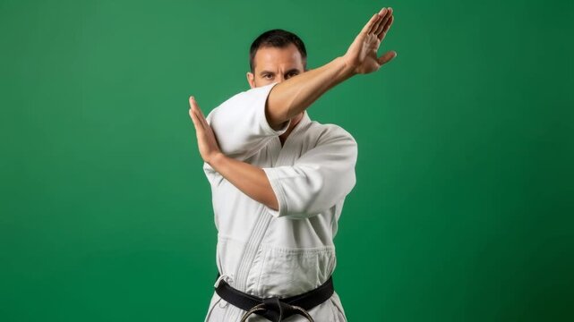 Man in kimono performing striking martial arts movements on a green background for chromakey effect
