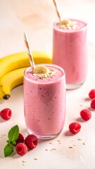Two glasses filled with pink smoothies, fruit garnish, and bananas