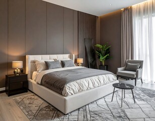 Modern bedroom interior with bed, armchair, side table, curtains, and decorative elements