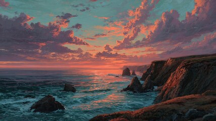 Sunset over rugged coastal cliffs at schooner gulch with golden sky reflecting on rocky shoreline and tranquil pacific waves creating serene natural landscape scenery