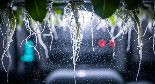 Close-up of thriving plant roots in a cutting-edge hydroponic cultivation system, illustrating the intricate biological network crucial for sustainable agricultural innovation and scientific research