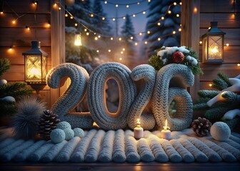 Cozy winter night scene with illuminated 2023 numbers and festive lights