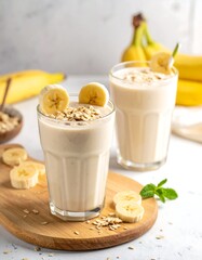 Two glasses of banana smoothie with oatmeal and fruit slices