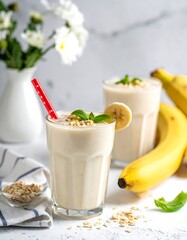 Two glasses of healthy banana smoothie with fresh ingredients