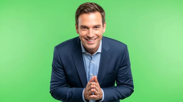 A caucasian man in a blue suit smiles on a green screen, showing different poses for chroma key visual effects.