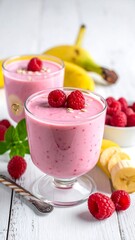 Two glasses of pink smoothie, fresh raspberries, bananas