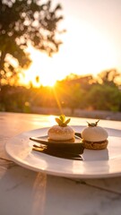 Two gourmet desserts on a white plate, bathed in sunset glow
