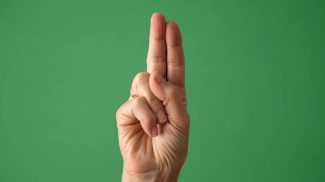 Caucasian woman hand in closed fist to two fingers held up on green screen for chromakey.