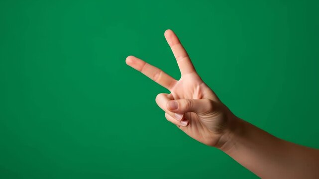 Caucasian woman doing a hand gesture showing a fist then the peace sign for green screen chroma key. Transition template.