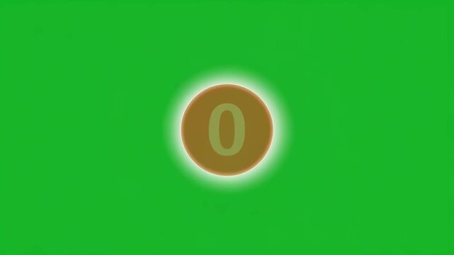 Countdown from one to zero on green screen decreasing with glowing red circle for video transition