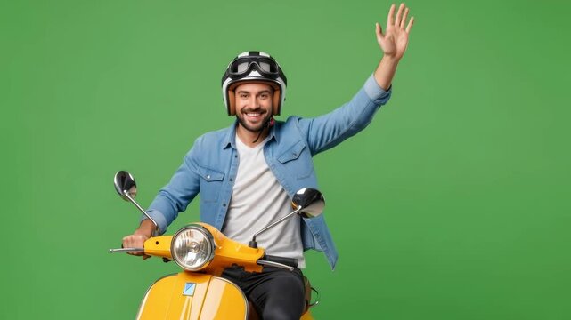Happy man on yellow scooter smiling on green screen, then reaching out and waving his hand during a ride.