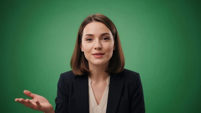 Woman speaker talking with hand gestures for online presentation. Video conference communication with chromakey green screen background.