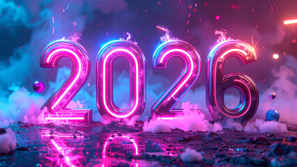 A happy new year celebration illustration vector card design featuring fireworks and a glow sign for 2026 with a star and winter decoration