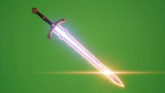Fantasy sword transforming from inert metal to glowing magic weapon on green background for compositing effect