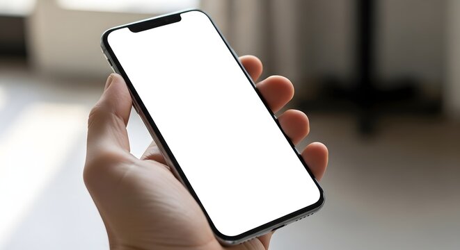 Close up of a person holding a modern smartphone with a blank white screen in their hand, ready for mockup or template use in a bright indoor setting - Powered by Adobe