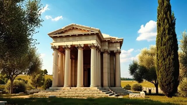 Ancient stone temple architecture, historical landmark and Roman column monument under the sky