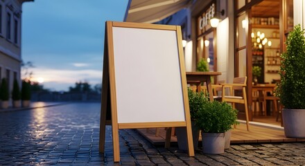 Blank wooden aframe sandwich board sign standing on wet cobblestone street outside a cafe or restaurant entrance in the evening twilight