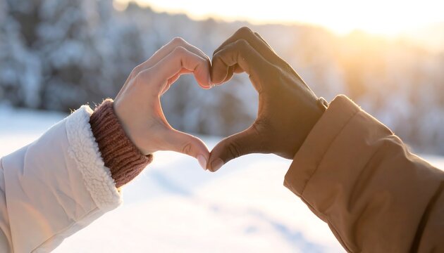 Two hands of different skin tones form a heart shape in winter - Powered by Adobe