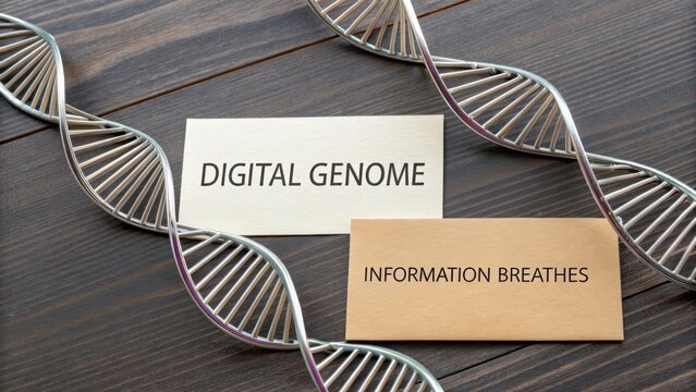 Concept of Digital Genome Representation with Information Breathing on Cards Over DNA Structure on Wooden Background