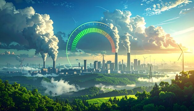 Cityscape merging smokestacks and wind turbines, a gauge hovering above indicating pollution levels, nestled in greenery