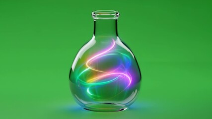 Clear round bottom flask with glowing blue and orange light tendrils on green screen. Chemical chromakey effect for scientific video.