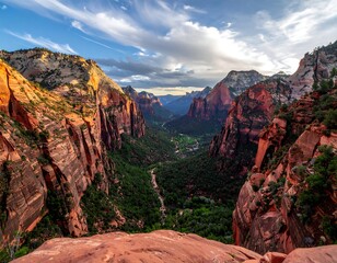 Stunning vista of a deep canyon with rugged cliffs and a valley