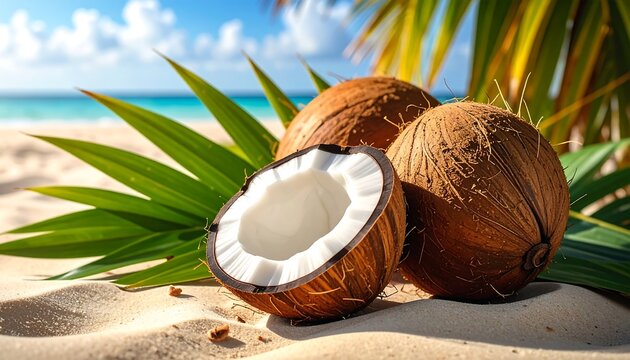 Coconuts sit on white sand beach with ocean and palm tree fronds blurred behind