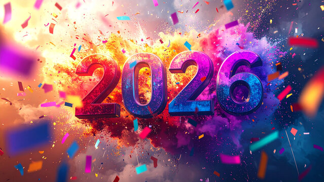 Happy New Year celebration illustration with vector neon light text sign design and colorful star decoration for holiday party night - Powered by Adobe